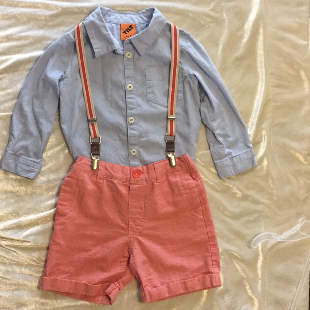 Adorable little boy shorts LS shirt suspenders set